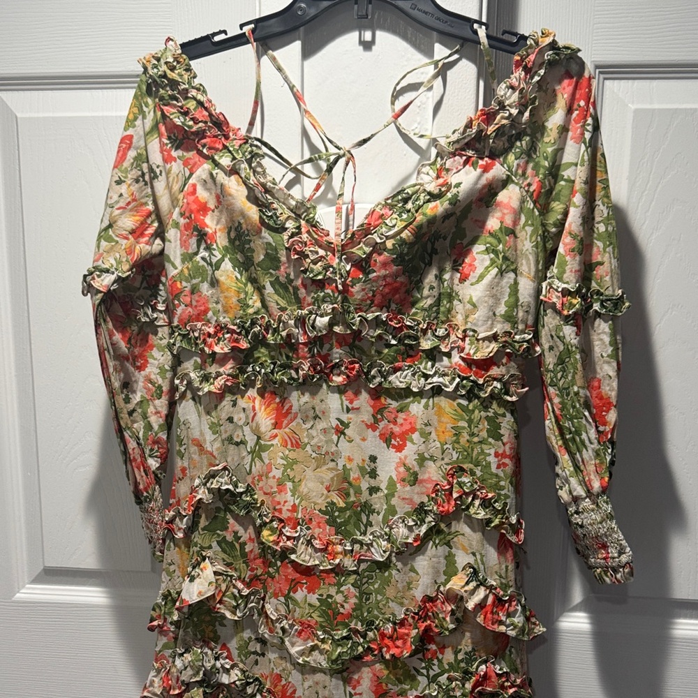 Mac Duggal Floral Print Ruffle Cold Shoulder Long Sleeve Midi
Dress - Picture 5 of 8